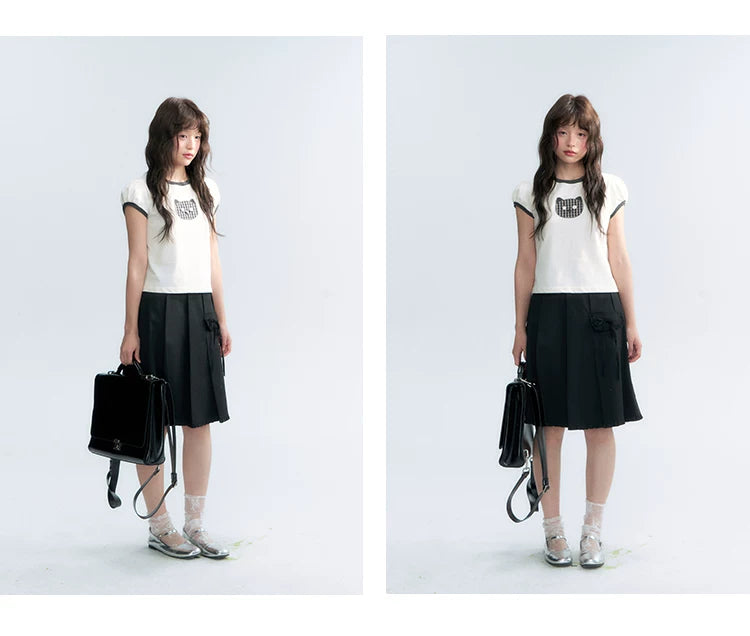 "Hide and Seek" Ivory Cat Patchwork Embroidered Puff Sleeve T-Shirt