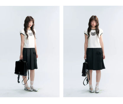 "Hide and Seek" Ivory Cat Patchwork Embroidered Puff Sleeve T-Shirt