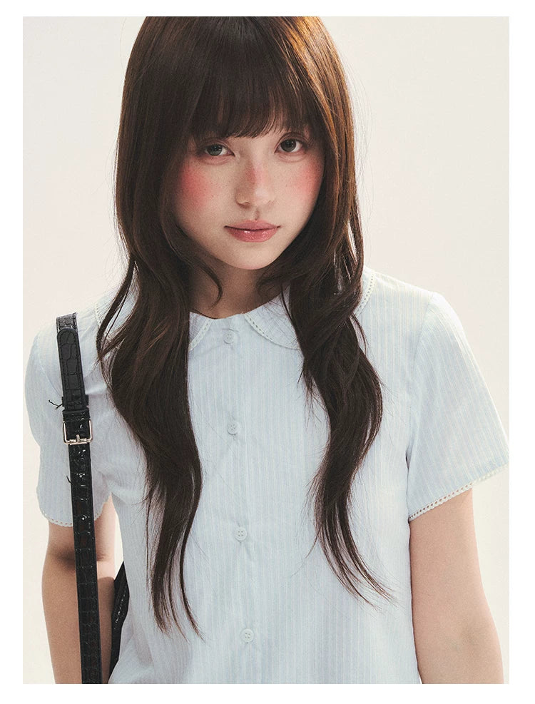 "Citrus Sea Salt" Stripe Lace Peter Pan Collar Pleated Shirt (White Blue / Blue White)