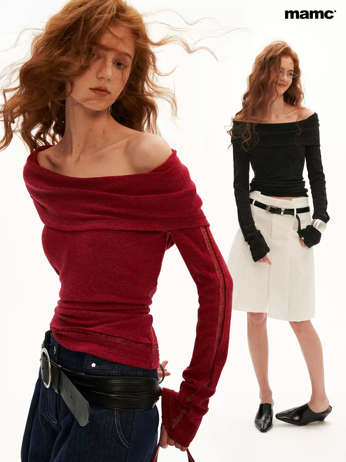 MAMC - Femme Edge Off-Shoulder Long-Sleeve Top (Red / Black)