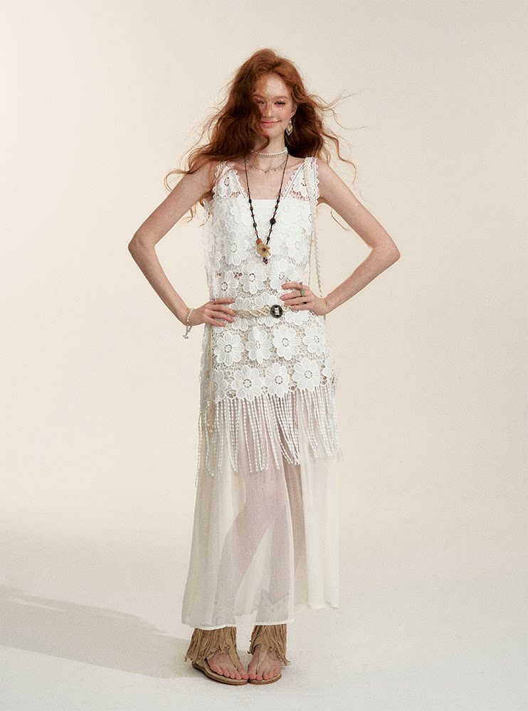Apricot Sheer-Panel Midi Skirt
