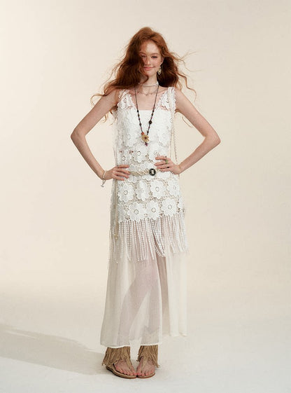 Apricot Sheer-Panel Midi Skirt