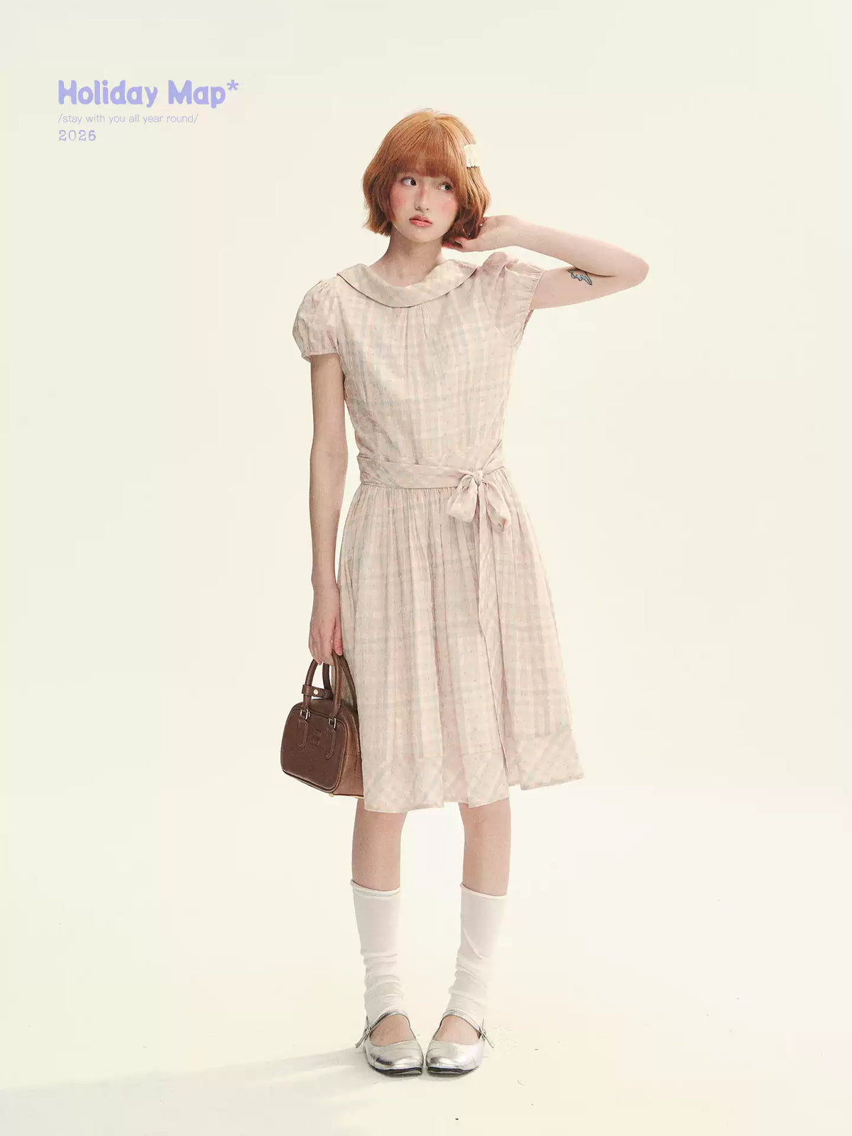 "Showa Girl" Vintage Plaid Floral Print Peter Pan Collar Bow Waist-Defined A-Line Dress