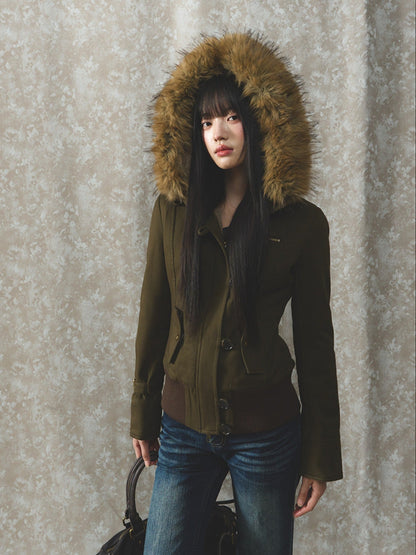 Soote Season - “Vintage Hourglass” Faux Fur–Lined Hooded Waist-Cinched Cotton Jacket - Military Green