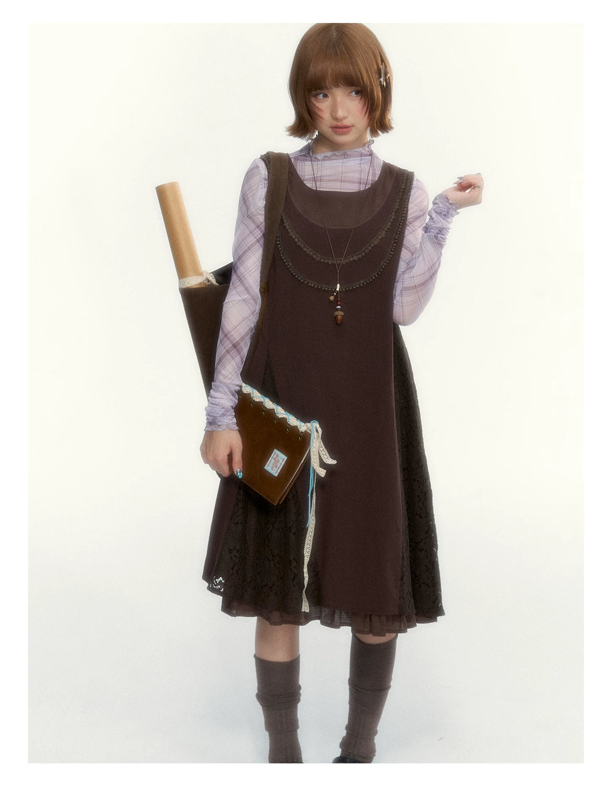 "Caramel Afterglow" Cocoa Brown Lace-Trim A-Line Dress Set with Purple Plaid Layering Top