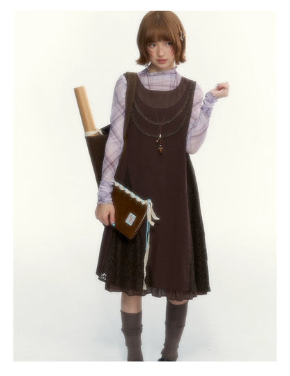 "Caramel Afterglow" Cocoa Brown Lace-Trim A-Line Dress Set with Purple Plaid Layering Top