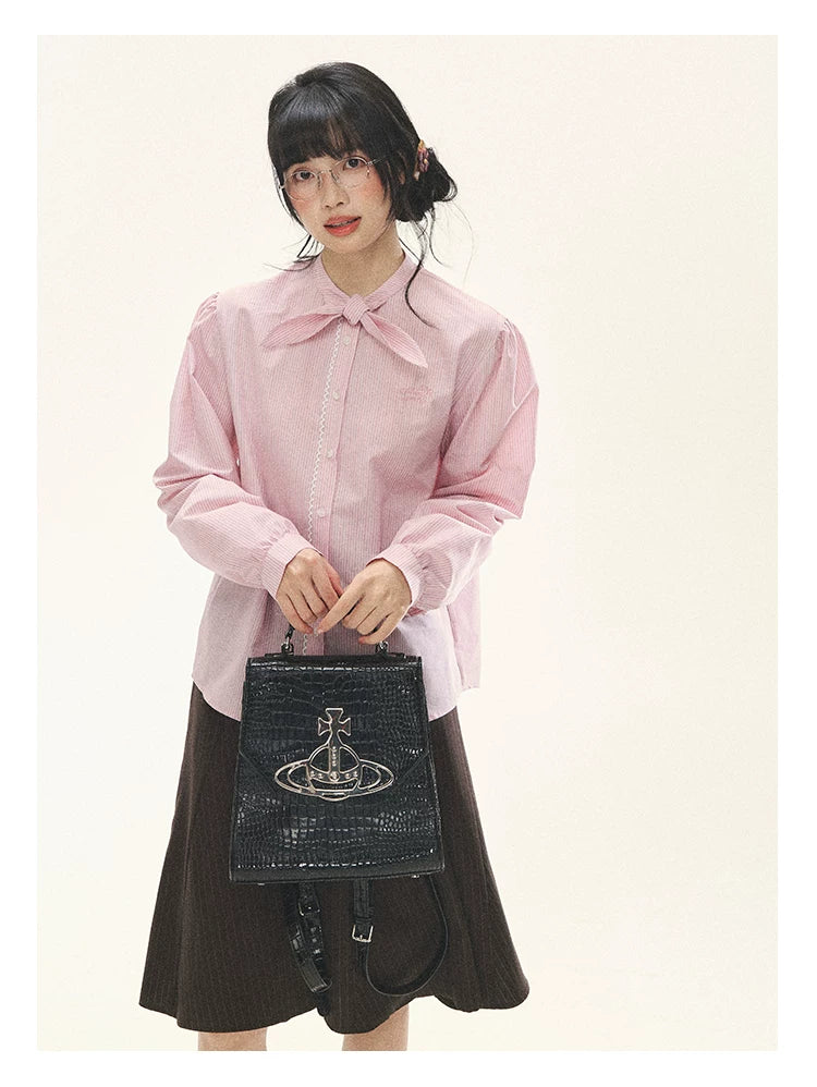 "Blush Poetry" Pink Stripe Cotton Bow Blouse