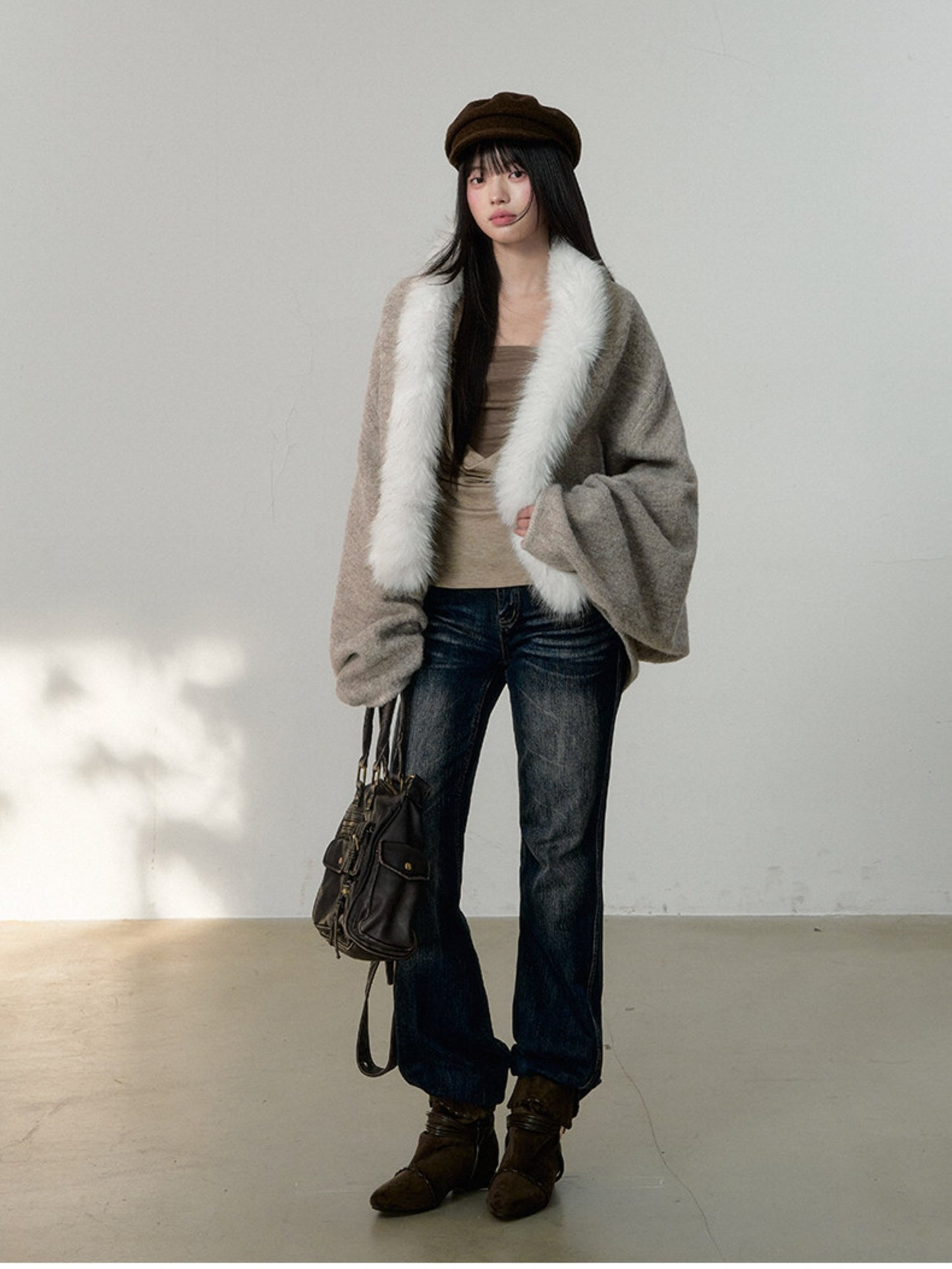 Soote Season - Lazy Cocoon Faux Fur Collar Batwing Wool Coat