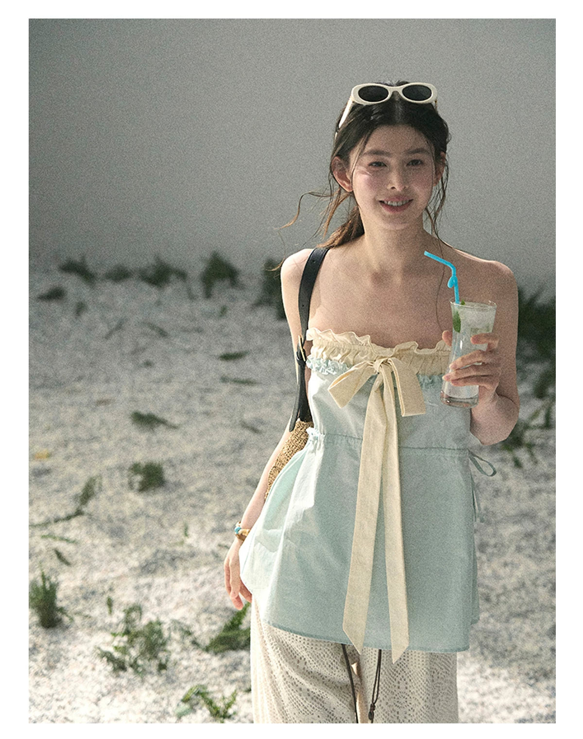 “Blue Whispers on Ivory” Mint Ruffle Bustier Top