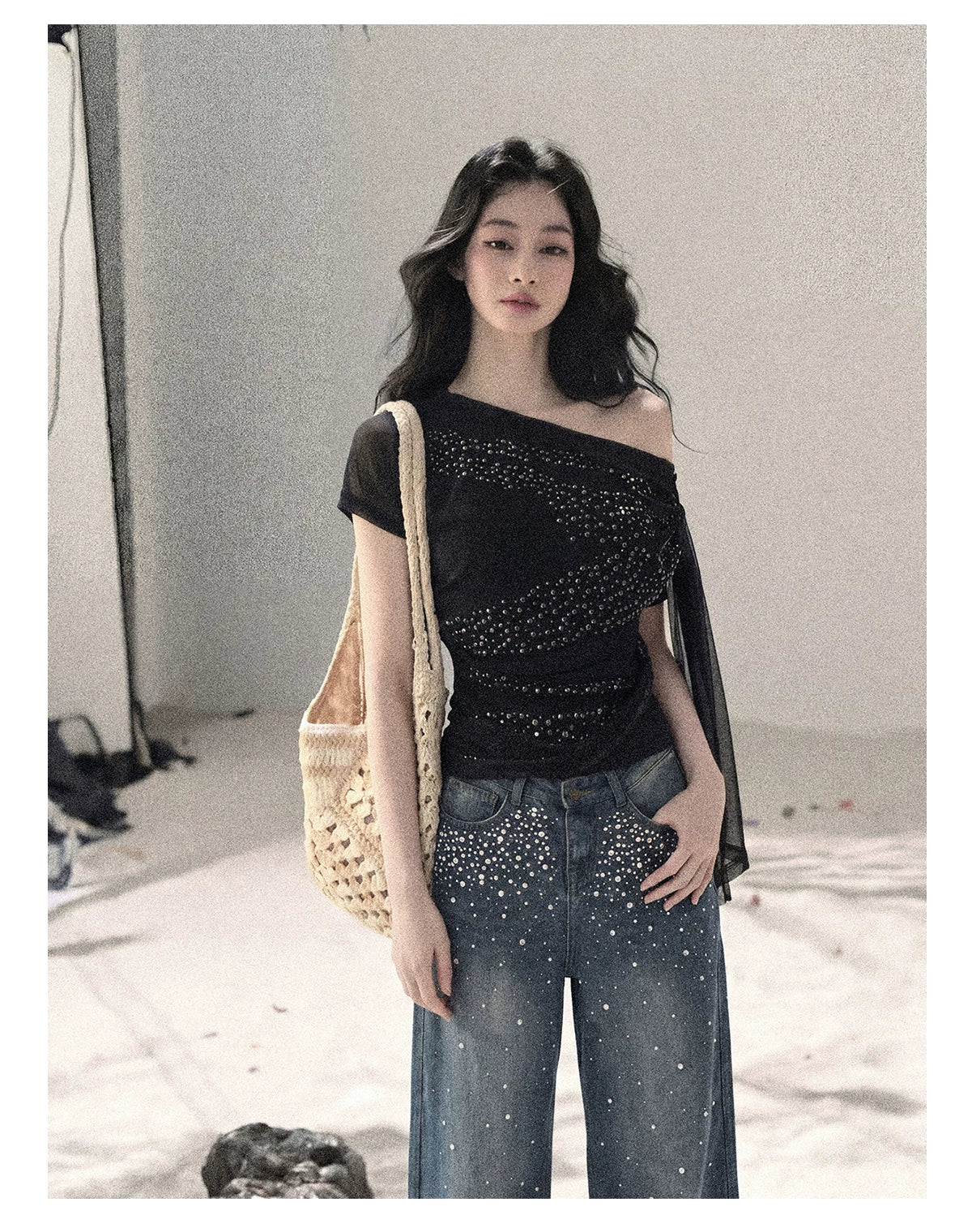 “Frosted Kiss” Quiet Black Crystal Mesh Short Sleeve Top