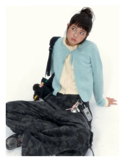 Korean Contrast Bow-Tie Layered Knit Cardigan (Blue / Purple)