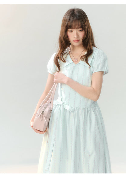 "Early Summer Letter" Blue Stripe Bow-Tie Wrap Dress PP2026211