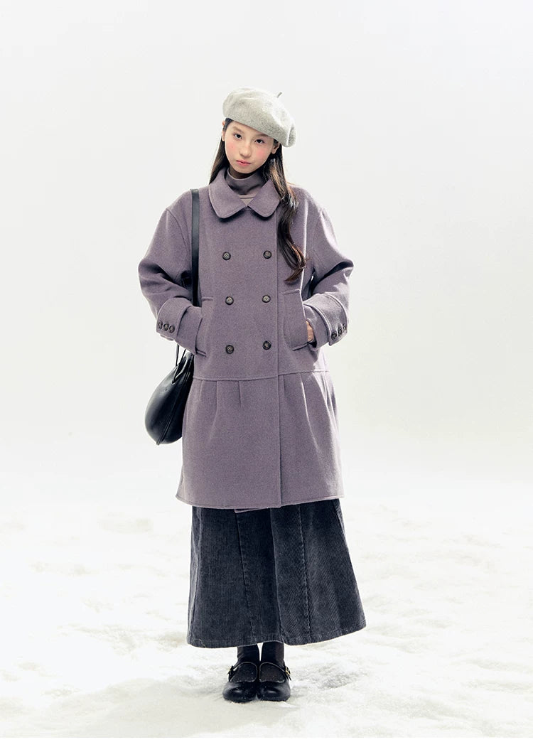 "Winter Chime" Double-Breasted Quilted Wool-Blend Coat (Smoky Purple/ Ash Gray)