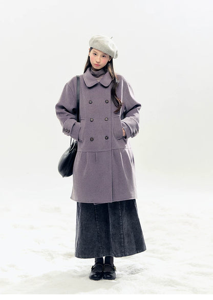 "Winter Chime" Double-Breasted Quilted Wool-Blend Coat (Smoky Purple/ Ash Gray)