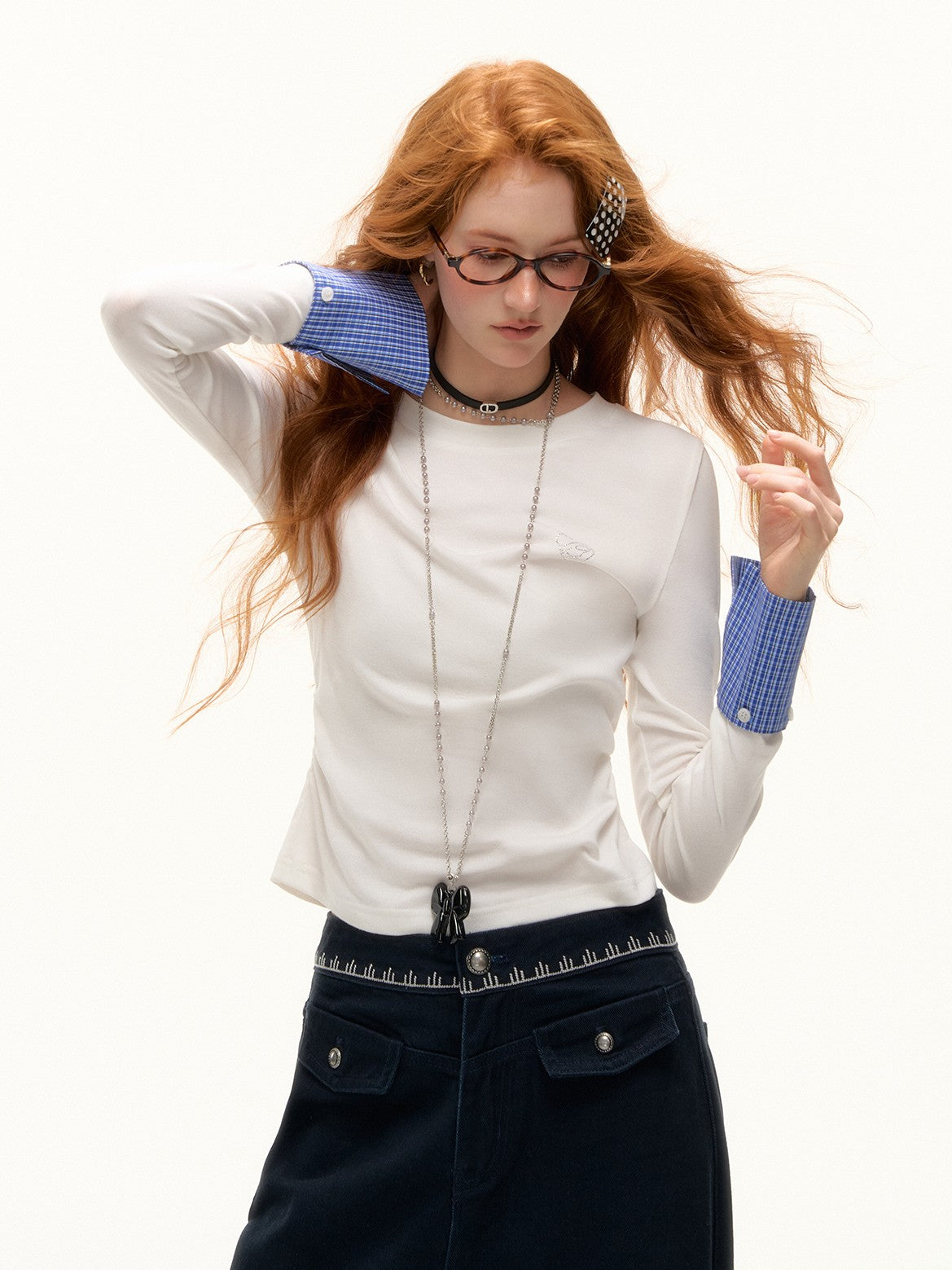 ASGONY - Preppy Detachable Plaid Cuff Long Sleeve Tee (Clean White)