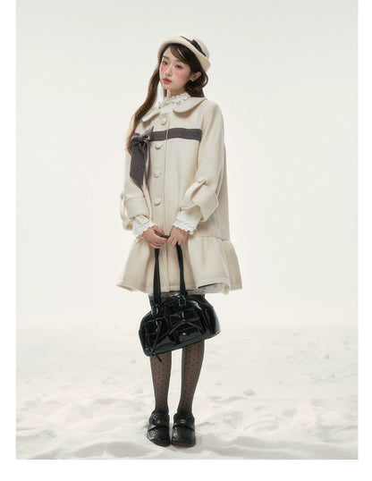 BIBIBENCY - Ivory Wool-Blend Coat with Gray Bow Detail