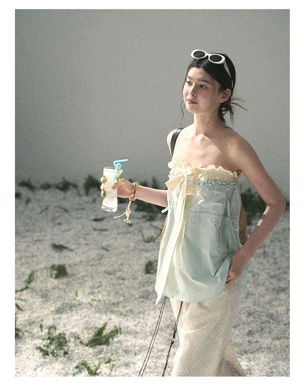 “Blue Whispers on Ivory” Mint Ruffle Bustier Top