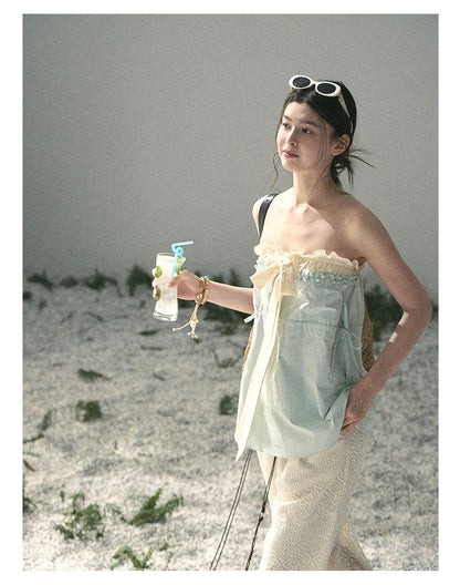 “Blue Whispers on Ivory” Mint Ruffle Bustier Top