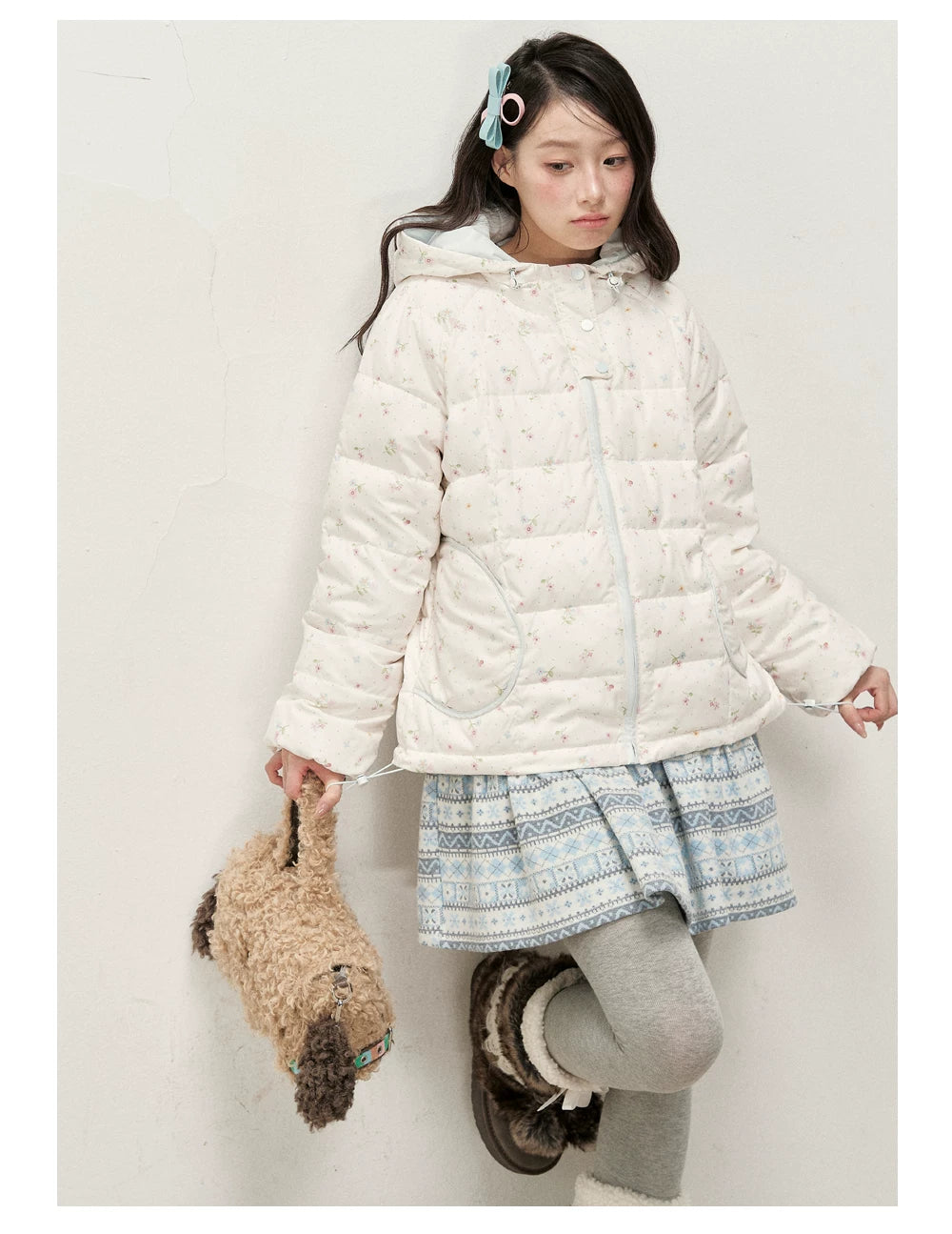 RF - Ivory Floral Print Cropped Hooded Down Jacket with Contrast Lining