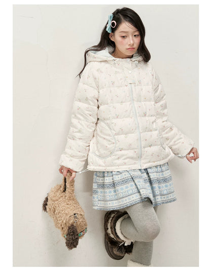 RF - Ivory Floral Print Cropped Hooded Down Jacket with Contrast Lining