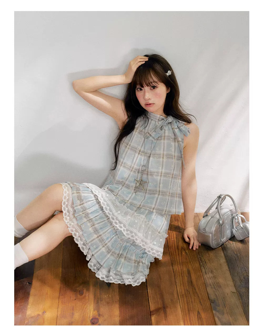 “Berry Fairytale Sonata” Misty Blue Ribbon Neck Lace Dress