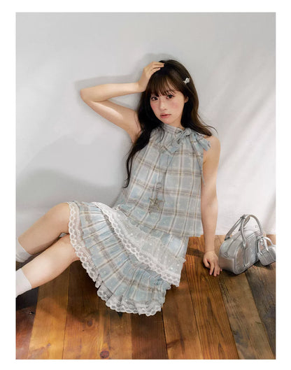 “Berry Fairytale Sonata” Misty Blue Ribbon Neck Lace Dress