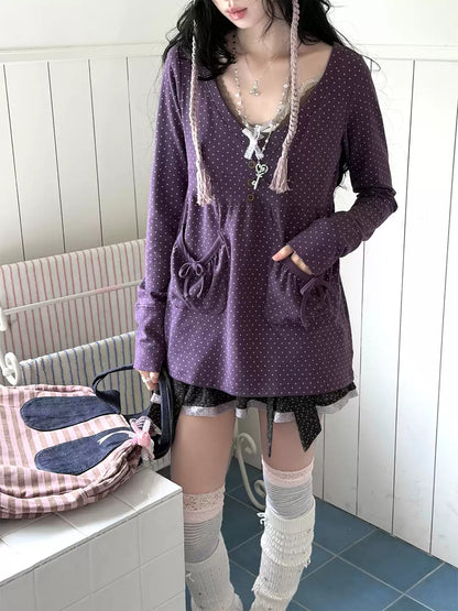 KYOUKO - Grape Purple Polka-Dot Top & Vintage Skirt Set