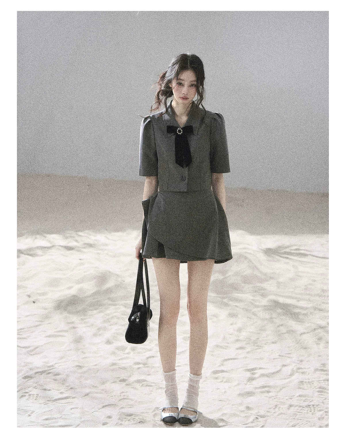 "Paris Afternoon" Slate Gray Bow Top & A-Line Mini Skirt Two-Piece Set