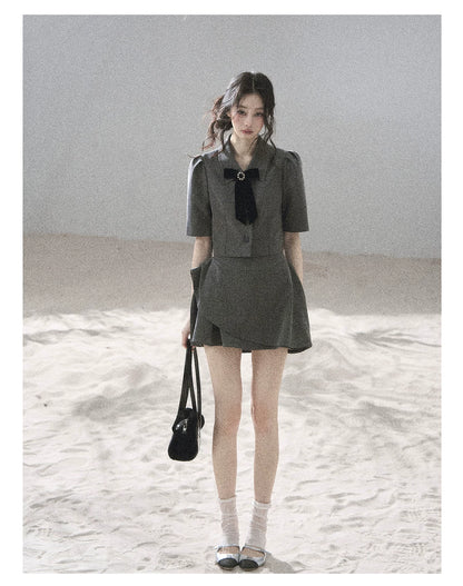 "Paris Afternoon" Slate Gray Bow Top & A-Line Mini Skirt Two-Piece Set