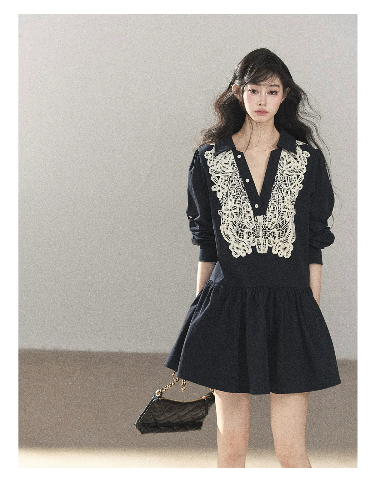 AOMALM - Navy French-Inspired Lace Shirt Mini Dress with Convertible Sleeves