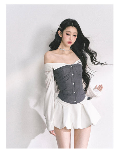 少也眼 "London Crush" Off-Shoulder Dual-Layer Long-Sleeve Spicy Girl Tee - Gray White