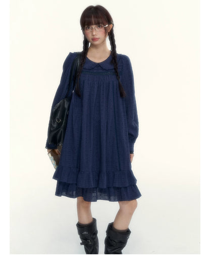 “Vintage Ribbon” Navy Peter Pan Collar Lace-Trimmed A-Line Dress