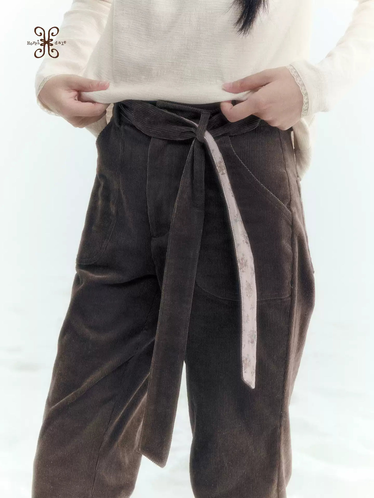 Horridale - Milk Tea Brown Floral Belt Corduroy Flare Pants