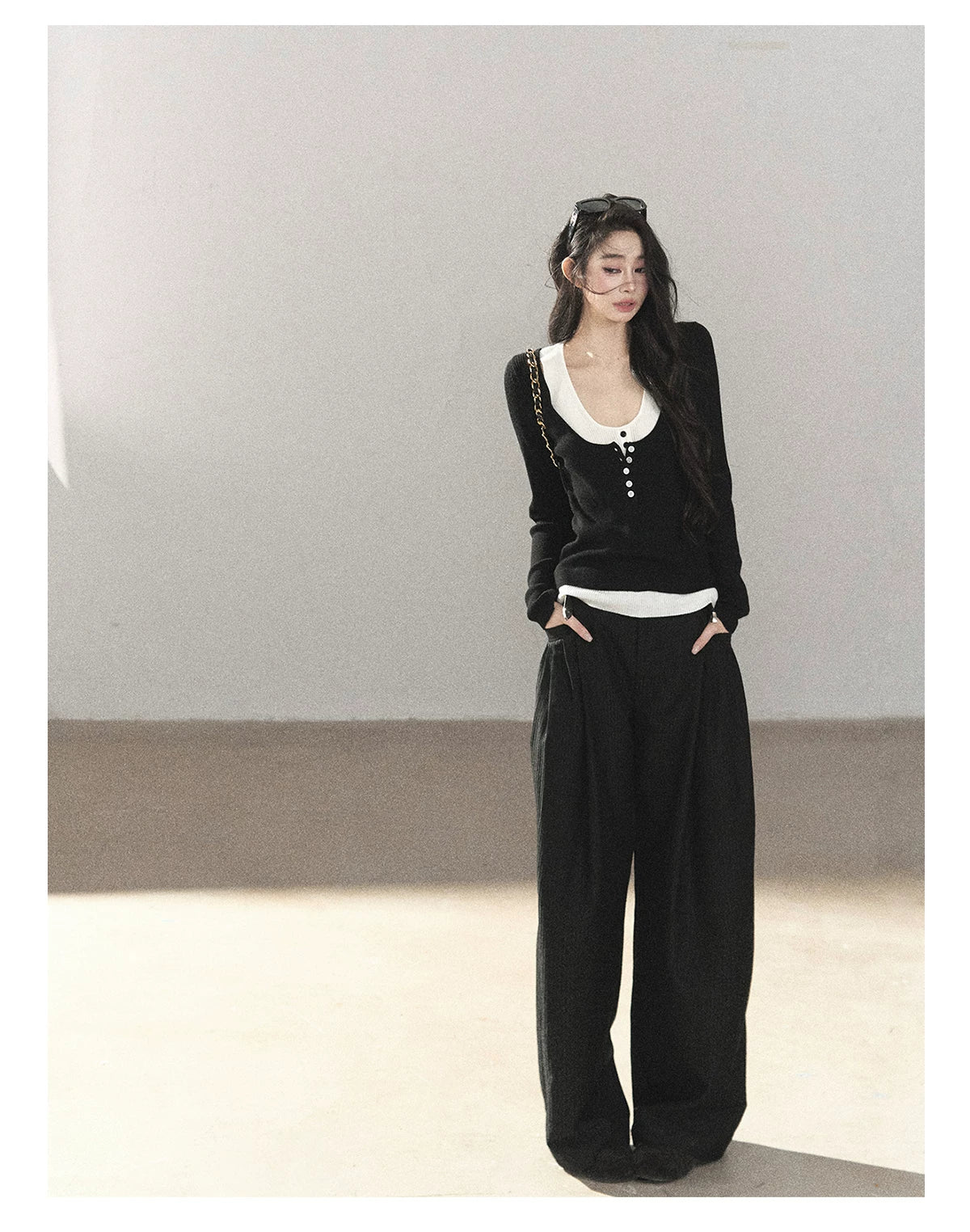 AOMALM - Korean U-Neck Faux Layered Knit Top