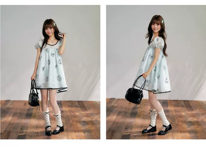 “Brown Sugar Fairytale” Blue Embroidered Puff Sleeve Dress
