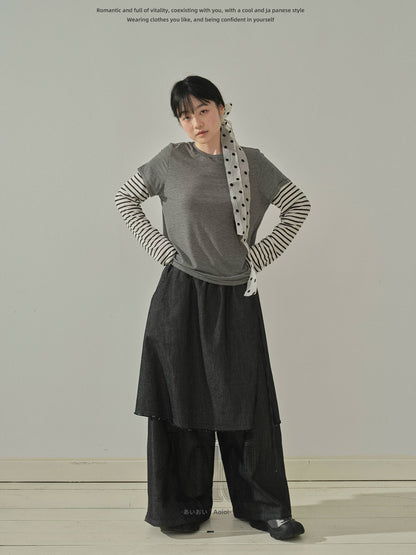 "Lazy Echo" Layered Stripe Long Sleeve Knit T-Shirt (Black Stripe / Gray Stripe)