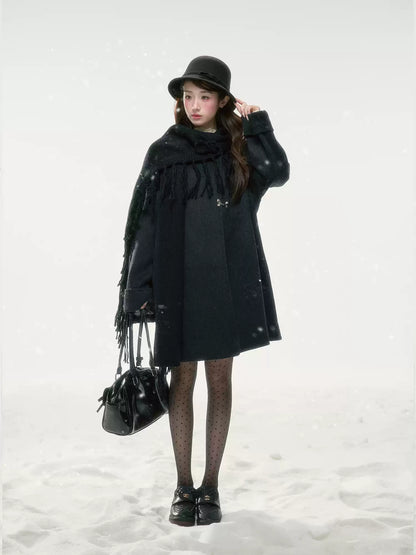 BIBIBENCY - Black Wool-Blend Coat with Detachable Scarf Collar