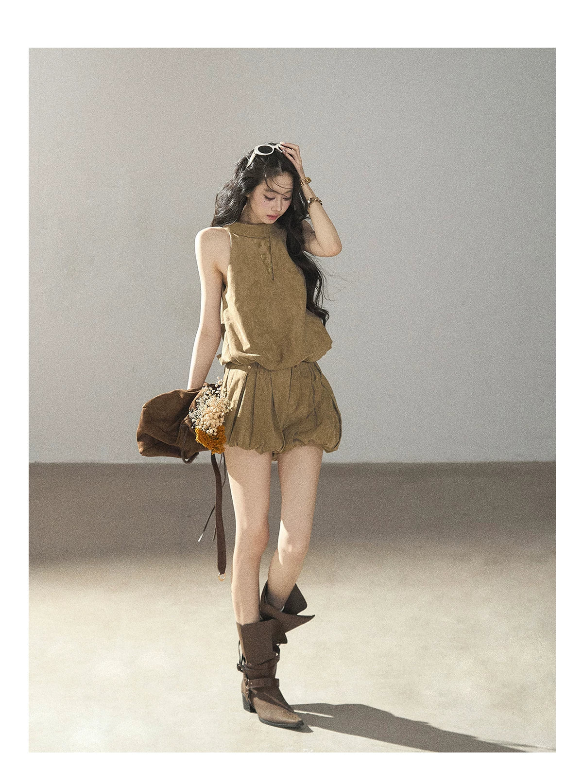AOMALM - "The Veins of Leaves" Oatmeal French Faux Suede Top & Shorts Set