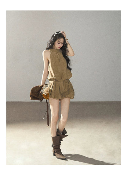 AOMALM - "The Veins of Leaves" Oatmeal French Faux Suede Top & Shorts Set