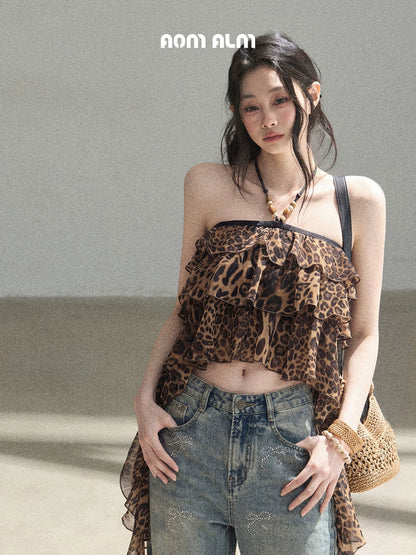 "Chasing the Sunset" Chestnut Brown Leopard Halter Ruffle Crop Top