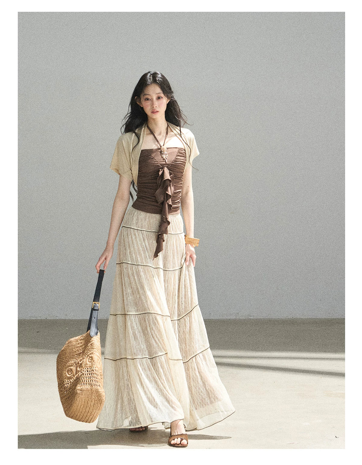 "In the Evening Breeze" Chestnut Brown Halter Ruched Top & Milk Tea Shrug Set