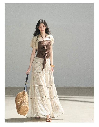 "In the Evening Breeze" Chestnut Brown Halter Ruched Top & Milk Tea Shrug Set