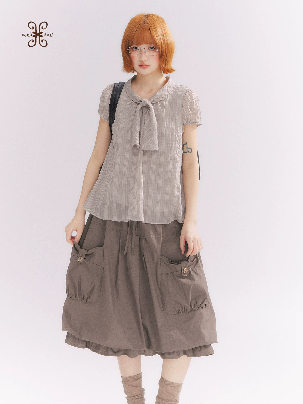 “Formatted Memories” Gray Plaid Textured Bow Tie Puff Sleeve Blouse