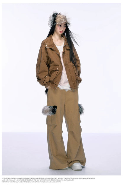 JN's DESIGN - Washed Chestnut Brown Faux Fur Collar Utility Jacket