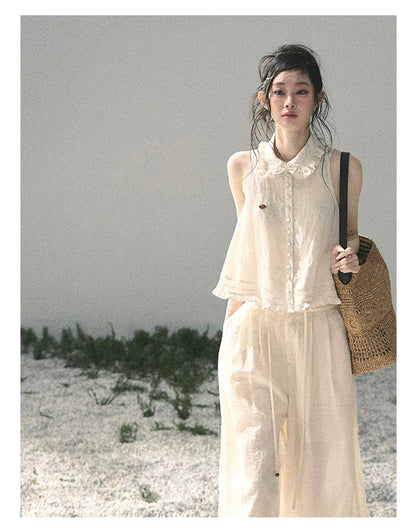 "Soft Cloud Reverie" Dutch Cream Lace Top & Bubble Skirt & Wide-Leg Pants Set 5468465