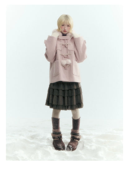 Horridale - Preppy Hooded Wool-Blend Duffle Coat with Pom-Pom Details – Mist Pink