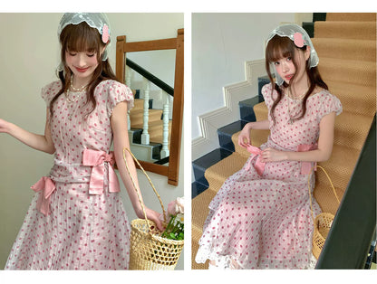 [RF] “Pink Mist Polka” Vintage Polka Dot Maxi Dress