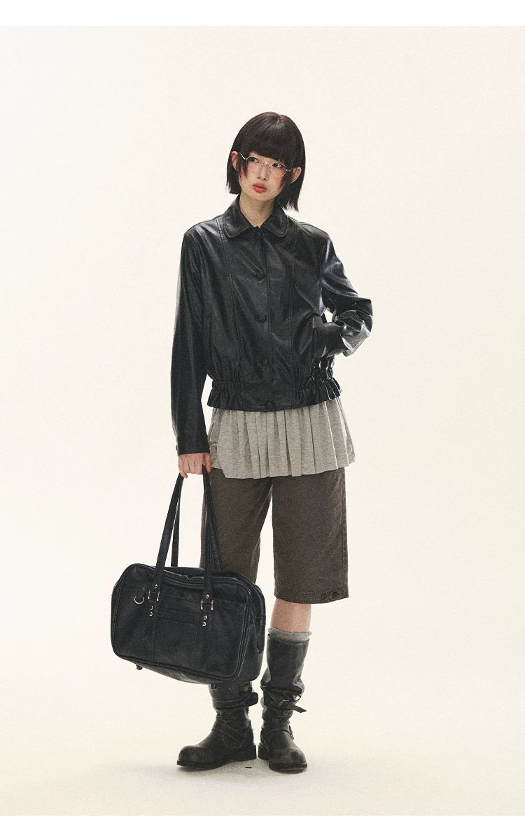 "Venus Gallery" Black Ruffle Collar Cropped Faux Leather Jacket
