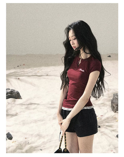 "Letter from the Tides" Burgundy Red Faux Two-Piece Lace Waist-Fit Crop Top 452436