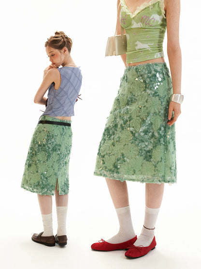 Mint Sequin Embroidered Midi Skirt
